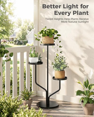 Bamworld 3 Tier Plant Stand Indoor Outdoor Metal Plant Shelf for Multiple Plants Pots Black