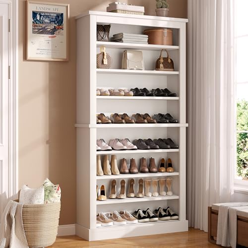 knoworld 71'' Tall Freestanding Shoe Cabinet with Open Storage, 9-Tier Thickened Wood Shoe Rack with Adjustable Shelves for Entryway, Hallway & Small Spaces, Modern White Storage Organizer (White)
