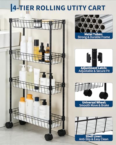4-Tier Slim Rolling Storage Cart, 5.91" Wide Narrow Metal Utility Cart on Wheels, Multi-Functional Adjustable Shelving Unit with Anti-Fall Pads for Kitchen Gap, Bathroom, Laundry Room, Black - size: 4-tier