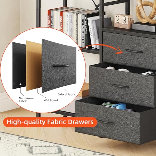 AFLUI Triple Bookshelf with 3 Fabric Drawers, 5-Tier Book Shelf and 10 Display Shelves, Industrial Large Bookcase for Home & Office, Black, 47'' Wide - color: Black, size: 5 Tier(47" W)