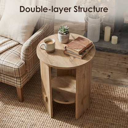 Round End Table with 2-Tier Storage Set of 2, 15.5” Small Side Table for Living Room, Modern Nightstand with Open Shelf, Compact Accent Table for Bedroom, Sofa Side, (Natural) - color: Natural