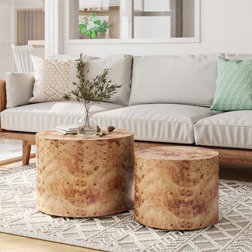 Nesting Coffee Table Set of 2, Modern Round Coffee Table, Wooden Circle Accent Tables for Small Spaces Living Room Bedroom Balcony Office Drum Side Table, Natural Burl - color: Natural Burl