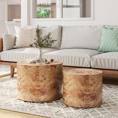 Nesting Coffee Table Set of 2, Modern Round Coffee Table, Wooden Circle Accent Tables for Small Spaces Living Room Bedroom Balcony Office Drum Side Table, Natural Burl - color: Natural Burl
