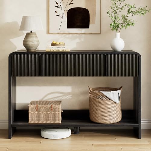 AMERLIFE 45" Fluted Entryway Console Table with 2 Drawers and Open Shelf | Modern Entryway Table with Rounded Edges, Wood Sofa Table for Hallway, Foyer, Behind Couch, Living Room, Black - color: Black - Fluted Panel, size: 45"