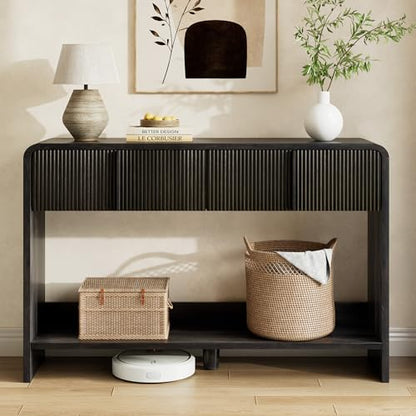 AMERLIFE 45" Fluted Entryway Console Table with 2 Drawers and Open Shelf | Modern Entryway Table with Rounded Edges, Wood Sofa Table for Hallway, Foyer, Behind Couch, Living Room, Black - color: Black - Fluted Panel, size: 45"