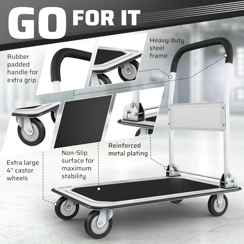 Heavy Duty Foldable Push Cart Dolly | 330 lbs. Capacity | Upgraded Collapsible Hand Truck Folding Platform with Swivel Wheels | Flat Bed Moving Wagon | Space Saving Push Handle (White) - color: White, 330 Lbs. Capacity