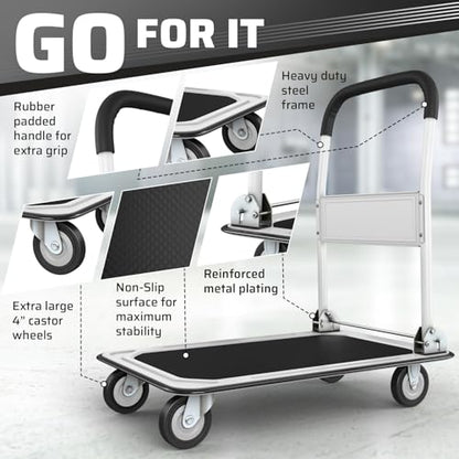 Heavy Duty Foldable Push Cart Dolly | 330 lbs. Capacity | Upgraded Collapsible Hand Truck Folding Platform with Swivel Wheels | Flat Bed Moving Wagon | Space Saving Push Handle (White) - color: White, 330 Lbs. Capacity