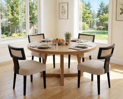 RIVOVA Rattan Dining Chairs Set of 4, Modern Dining Chair, Kitchen Dining Room Chair, Curved Cane Back Upholstered Linen Fabric Dining Chairs with Black Wood Frame, Beige - color: Beige Black Rattan