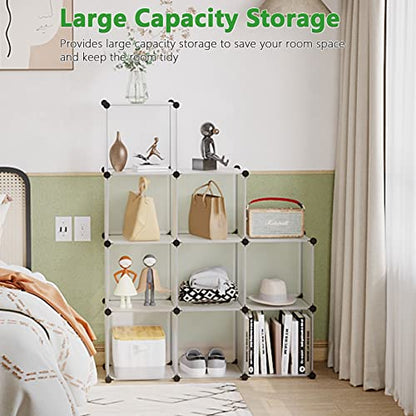 C&AHOME Cube Storage Organizer, 9-Cube Bookcase, Closet Cabinet White | DIY Stackable Bookshelf, Plastic Modular Shelving Units Ideal for Home, Office, Kids Room, 36.6" L x 12.4" W x 48.4" H - color: Transparent White