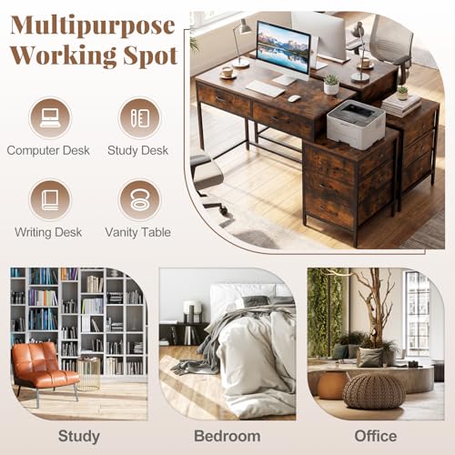 Tangkula Reversible Computer Desk, Industrial Style Writing Study Table | 51” Home Office Desk with Drawers & Printer Stand, Laptop PC Workstation for Bedroom Small Spaces - color: Rustic Brown