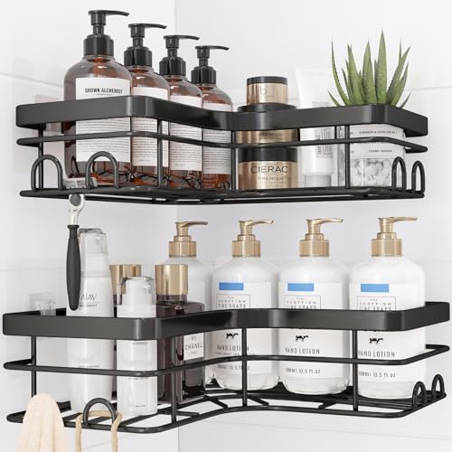 Sakugi Corner Shower Caddy - 2 Pack, Adhesive Shower Organizers, Rustproof Stainless Steel Shower Shelves with 8 Hooks, No Drilling Bathroom Organizers and Storage Racks, Space-Saving, Black, X-Large - color: Black, size: X-Large