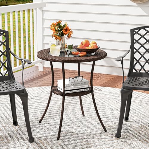 Tangkula 25.5" Wicker Patio Dining Table, Outdoor Round Bistro Side Table with Tempered Glass Top and Storage Shelf, for Balcony, Garden and Backyard