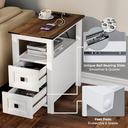 VVFLU Farmhouse End Table with Charging Station and 2 Storage Drawers, White Wood Nightstand Narrow, Skinny Side Table Rustic, Slim Bedside Table, Open Shelf, Small for Bedroom, Living Room, Sofa - color: White