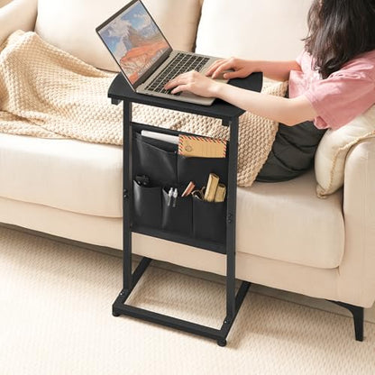 HOOBRO C Shaped End Table, 28.3" Side Table for Small Spaces, Couch Table, Slide Under Sofa Tray Table, Storage Bag, for Living Room, Bedroom, Black BB40SF01 - color: Black