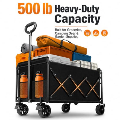 Wagons Carts Foldable, 500 lb 220L Collapsible Wagon with Brakes | Heavy folding wagon for groceries, camping, beach, outdoor hauling; large storage, brake control and compact folding design - color: Charcoal