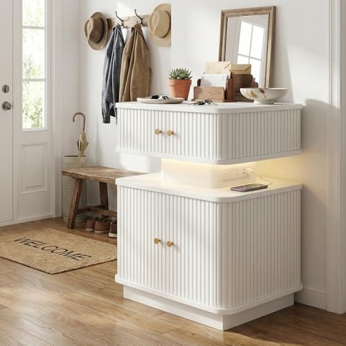 Night Stand, LED Nightstand, Modern Nightstand with Charging Station, Night Stand with 2 Drawers and Sliding Door, Curvy Edge, Small Bedside Table for Bedroom, White - color: White