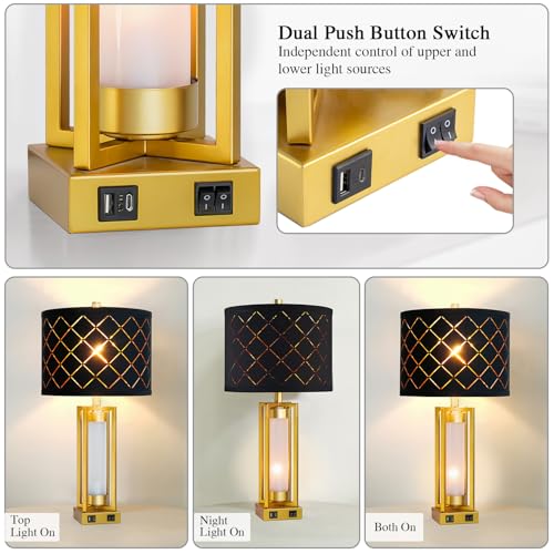 Set of 2 Modern Table Lamps for Living Room Bedroom with USB C+A | Rustic Nightstand Lamps with White Night Light, Black Grid Shade, Desk Lamps for Bedside End Tables, 4 Bulbs Included (Gold) - color: Gold