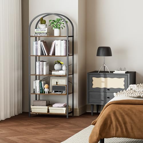 Homhedy 5-Tier Arched Bookshelf, Display Racks, Tall Book Shelf, 62.2" H | Wood and Metal Bookcase, Industrial Display Standing Shelf Unit, for Home, Office, Living Room, Bedroom, Rustic Brown - size: 5 Tier -23.6"W