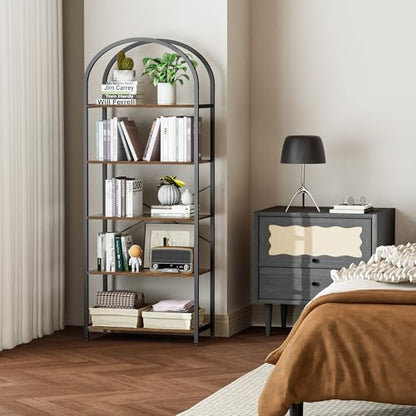 Homhedy 5-Tier Arched Bookshelf, Display Racks, Tall Book Shelf, 62.2" H | Wood and Metal Bookcase, Industrial Display Standing Shelf Unit, for Home, Office, Living Room, Bedroom, Rustic Brown - size: 5 Tier -23.6"W