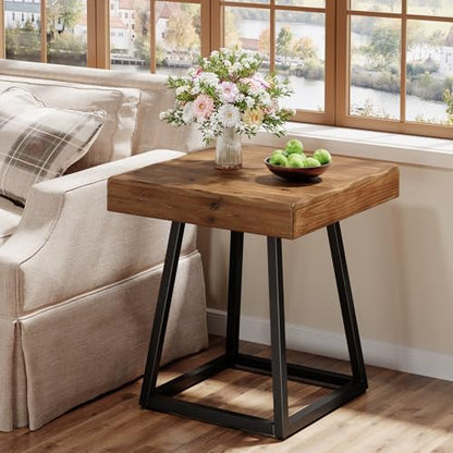 Solid Wood End Table, 19.7" Square Side Table with Metal Frame, Industrial Nightstand for Living Room, Bedroom, Small Spaces