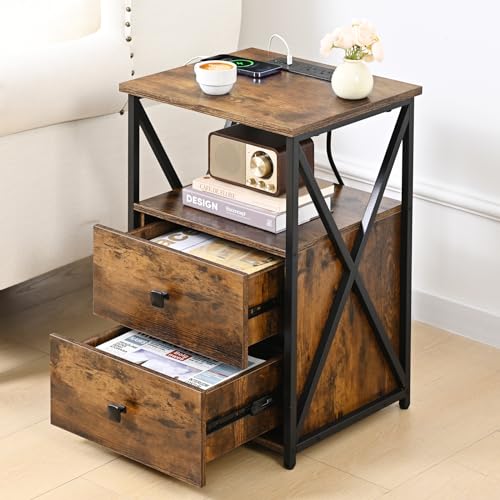 Livofloral LED Nightstands Set 2, Night Stand with Charging Station, End Table Set 2 with Storage, Side Table with USB Ports and Outlets, Bedside Table with Wood Drawer for Bedroom, Brown - color: Brown, size: 2 Pack
