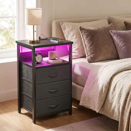 Fixwal Night Stand with 3 Fabric Storage Drawers, LED Nightstand with Charging Station, Bedside Table, Black - color: Black, size: 27.6"H (3 drawers), style: Power+Light (1pc)