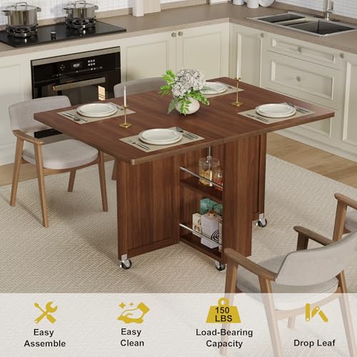 52.7" Folding Dining Table with 6 Wheels, Foldable Dining Table with Drawer, Shelves and Wine Racks, Drop Leaf Table for Small Spaces, Suitable for Kitchen, Dining Room, Apartment (Walnut) - color: Walnut