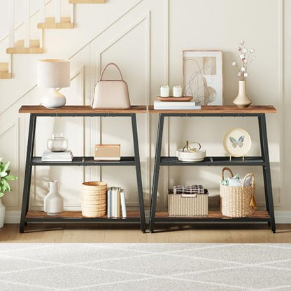 HOOBRO Narrow Console Table, 3-Tier Small Entryway Table with Storage Shelves, Behind Couch Sofa Table, Hallway Table for Entryway, Foyer, Hallway, Living Room, Rustic Brown and Black BF62XG01 - color: Rustic Brown + Black