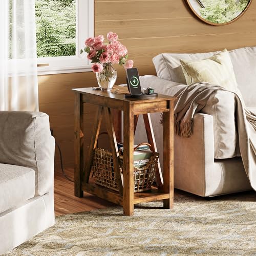 WLIVE Farmhouse End Table, Narrow Side Table with Charging Station, Slim End Table, Side Table for Bedroom, Living Room, Small Spaces, 2 USB and 2 Power Outlets, Rustic Brown - color: Rustic Brown