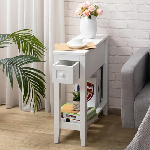 Narrow Side Table for Small Spaces, White Table with Drawer, Slim Bed Table/Night Stand Set of 2, Couch Table - size: 2 set White