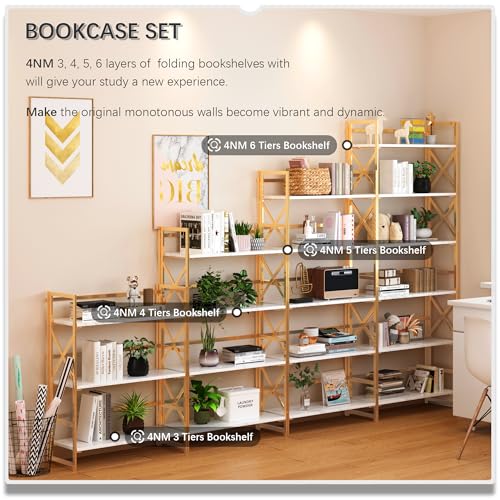4NM 5 Tiers No Assembly Book Shelves, 51.2" H Folding Bookshelf Bookcase Open Industrial Foldable Shelves for Bedroom, Living Room, Home Office - White Gold - color: White Gold, size: XX 5-Tier