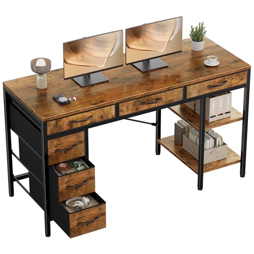 Sweetcrispy 55" Computer Desk with 6 Fabric Drawers, Home Office Gaming Desks with Storage Shelves for Bedroom, Writing Study Corner Living Room Work Table, Brown - color: Rustic Brown, size: 54.9 Inches