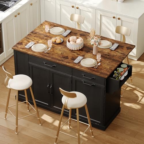 RALGEND Kitchen Island with Power Outlet & Drop Leaf, Rolling Storage Cart with Trash Storage Cabinet, Farmhouse Mobile Island Table for Kitchen, Dining Room, Hidden Casters, Black and Rustic Brown - color: Black + Rustic Brown