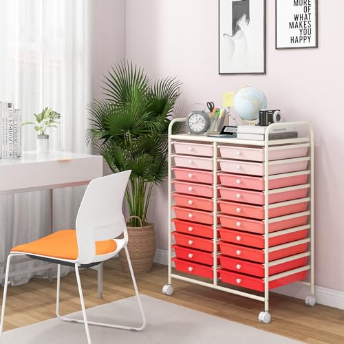 DREAMADE Rolling Cart with Storage Drawers, Utility Cart with Removable Plastic Drawers, Lockable Wheels, Art Cart for Classroom Organization Art Supplies Office Scrapbook (20 Drawers, Mixed-pink) - color: Mixed-pink, style: 20 Drawers