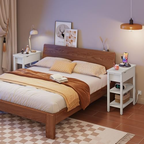 HOOBRO End Table with Charging Station, Narrow Side Table, Flip Top Nightstand with USB Ports and Outlets, Bedside Tables with Shelf for Small Spaces, Living Room, White WT341BZ01 - color: White