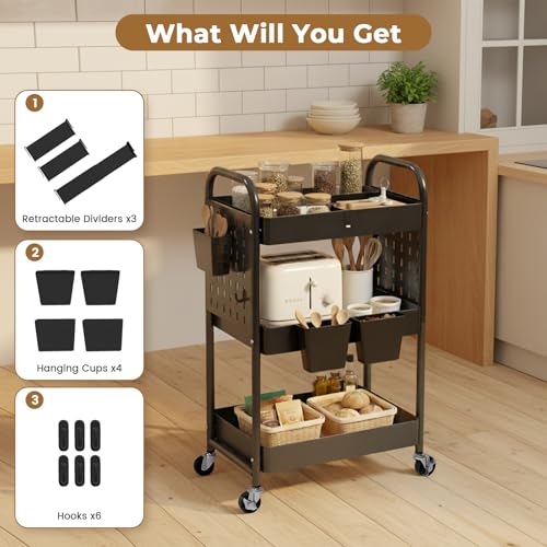 danpinera Craft Cart, Black Rolling Cart with Retractable Dividers & DIY Pegboards for Kitchen, Bedroom, Laundry - color: Black