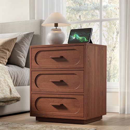 YANSNWO Walnut Nightstand with Charging Station, 21.7" Modern End Table with 3 Drawers Storage, Open Shelf, Mid Century Bedside Table with Unique Base Design for Bedroom, Living Room - color: Walnut, size: 15.7"D x 21.7"W x 25.8"H (3 Drawers)