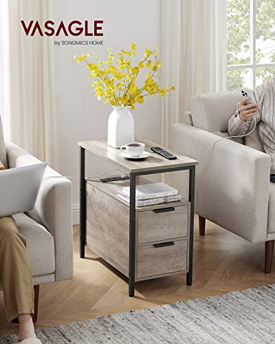 VASAGLE Side End Table with Charging Station, Slim Nightstand with 2 Drawers, Narrow Bedside Table for Living Room, Small Spaces, Heather Greige and Ink Black ULET321B02 - color: Heather Greige + Ink Black, size: 23.6"D x 13.8"W