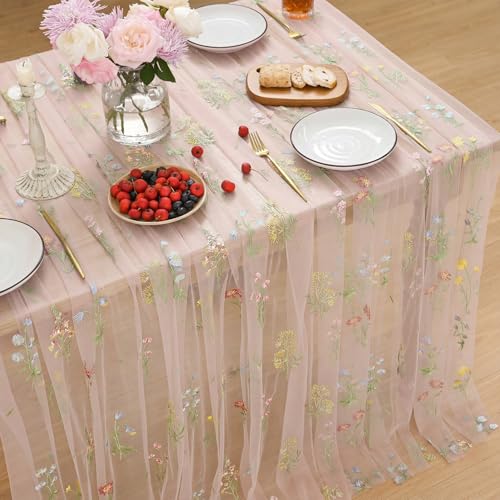 Horaldaily Embroidery Flower Pink Tablecloth 60×60 Inch Square | Spring Summer Gauze Tablecloth, Seasonal Tulle Table Cover, Garden Party Decor, Resuable,Washable - color: Pink, size: 60" x 60" (Square)