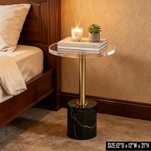 Small Clear Acrylic End Table, Marble Base Gold Leg Modern Nightstand | Acrylic Side Table with Marble Base & Gold Support Post, Accent Furniture for Drinks Snacks, Bedroom Living Room Office - color: Black