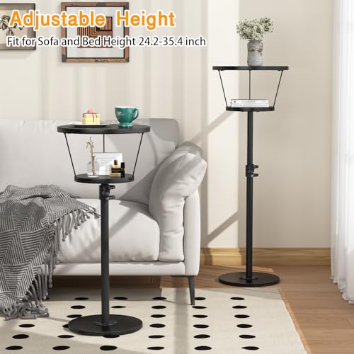 Small Side Table, 2 Tier Drink Table, Height Adjustable Round End Table, Pedestal Side Table for Small Spaces in Living Room, Bedroom, Black - color: Black-2 Tier