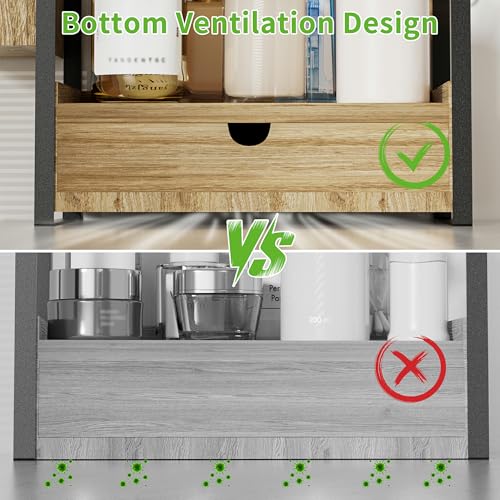 2-Tier Bathroom Counter Organizer, Wooden Vanity Shelf with Drawer & Basket | Pre-Drilled Holes, Skincare & Makeup Countertop Organizer and storage - color: Light Brown