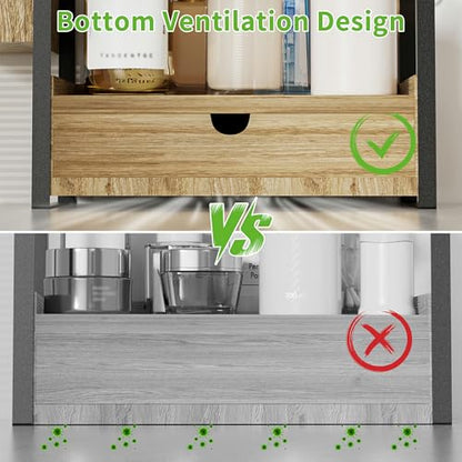 2-Tier Bathroom Counter Organizer, Wooden Vanity Shelf with Drawer & Basket | Pre-Drilled Holes, Skincare & Makeup Countertop Organizer and storage - color: Light Brown