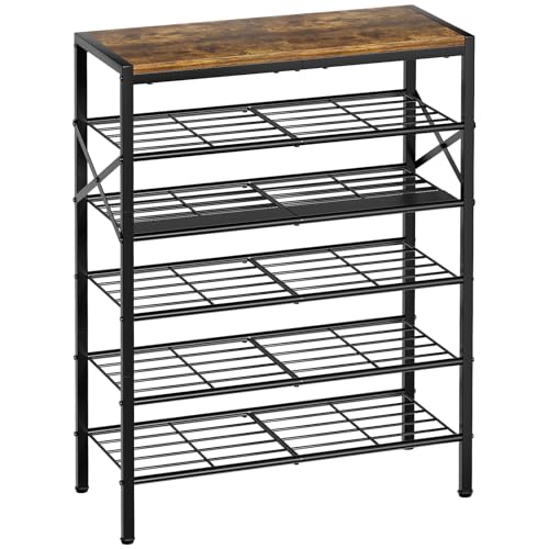6 Tier Metal Shoe Rack with Wood Top, 18-24 Pairs Rustic Brown | Compact 38.6in tall fits entryway. Iron sheet for heels. Removable layer for tall boots. Multi-use display top. - color: Rustic Brown, size: 6-tier