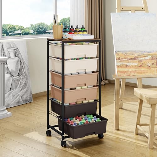 6 Drawer Rolling Storage Cart with Wooden Top and Wheels for Crafts,Brown | Easy Setup, Large Capacity, Sturdy Build, Lockable Mobility, For office, classroom and art studio supplies - color: Brown