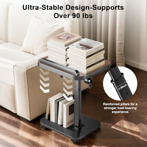 C Table End Table Adjustable Height, Rolling TV Tray Table for Small Spaces 180° Flip-Over Panel Design & 360° Swivel Casters, C Shaped Side Tables for Couch for Living Room, Bedroom, Bed, Sofa, Snack - color: Brown