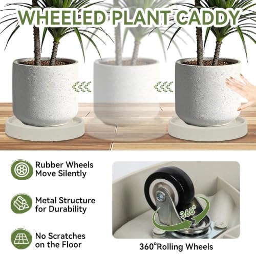 1 Pcs Plant Caddy with Wheels 14.76 Inch Hidden Wheels Heavy Duty Rolling Plant Stand, Indoor Outdoor Plant Saucer Tray with $9.9 Garden Tools (Beige) - size: 14.76 Inches (Beige)