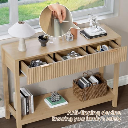 Nasonet Fluted Console Table, Wooden Sofa Table with Storage and Drawers, Farmhouse Behind Couch Table Entryway Table for Entrance, Hallway, Living Room, Oak - color: Oak, style: Modern