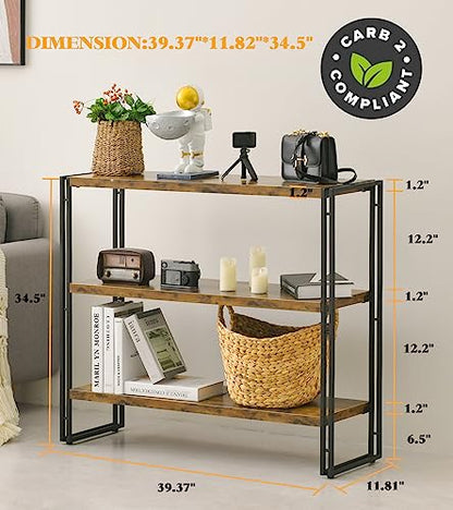 HCHQHS 3-Tier Rustic Wood and Metal Industrial Bookcase - 40in, for Home Office, Bedroom, Kitchen, Bathroom - color: Rustic Brown, size: 3-Tier (40"W x 33.5"H)