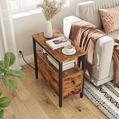 HOOBRO Set of 2 End Tables with Charging Station, Narrow Side Table with Drawers, Power Outlets, Nightstand for Small Spaces, Living Room, Stable and Sturdy, Rustic Brown and Black BF541BZP201 - color: Rustic Brown + Black